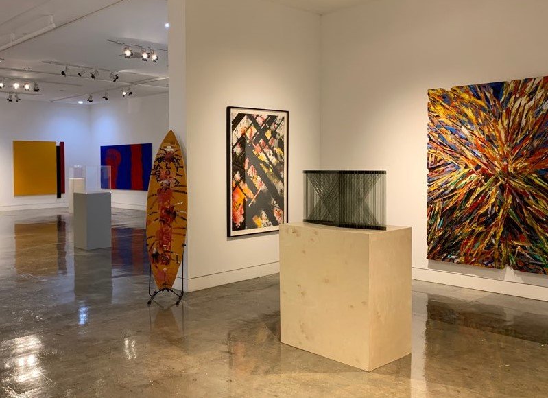  Scot Heywood,  Untitled Yellow, Blue, Red  (2007); Lita Albuquerque,  Ceaseless Memory  (1984); Ed Moses,  Can They Swim  (2013); Ed Moses,  Untitled  (1985); DeWain Valentine,  Untitled  (1980); Charles Arnoldi,  Impound  (1985) 