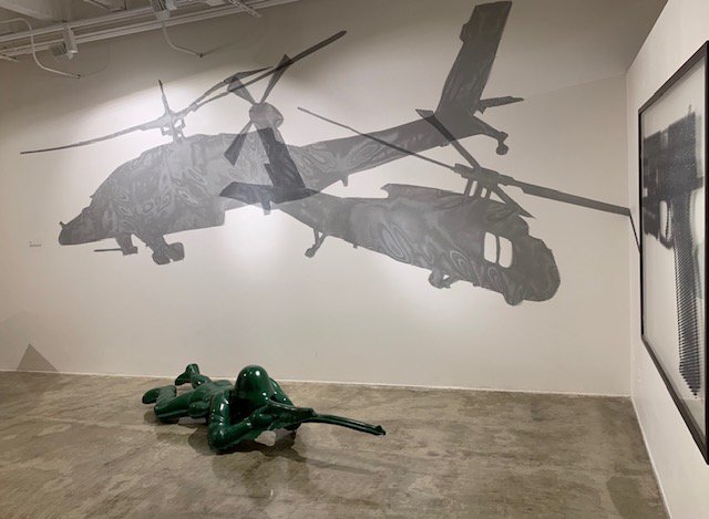  Kathleen Loe,  Peter Pan’s Shadow V and VI  (2007); Yoram Wolberger,  Toy Soldier No. 3 (Crawling Soldier)  2004; Paul Rusconi,  Standard Issue  (2014) 