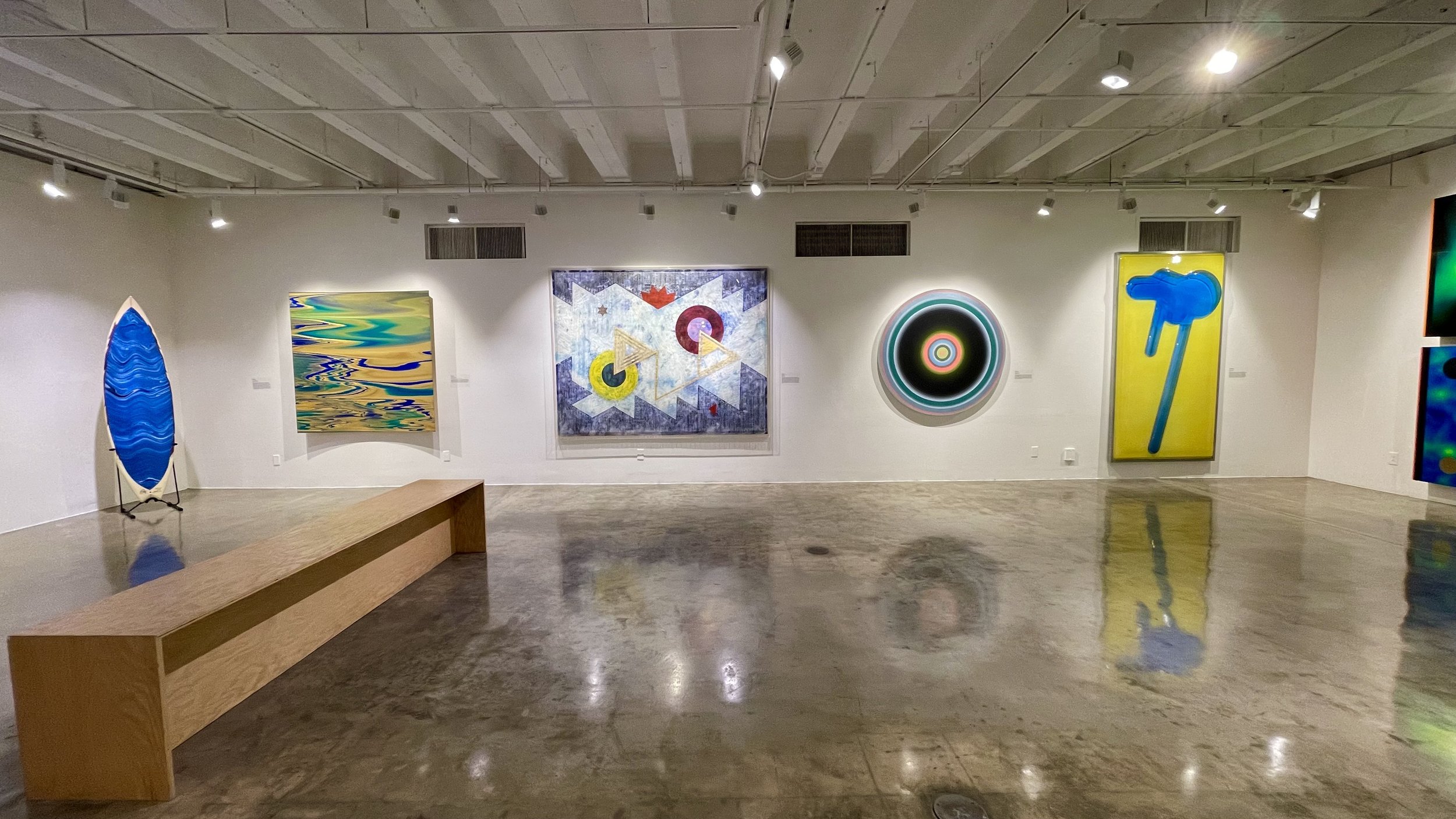  Andy Moses,  Morphology H20  (2013); Andy Moses,  Morphology  (2014); Tom Wudl,  Untitled  (1973); Gary Lang,  BLUELIGHTEIGHT  (2015); Craig Kauffman,  Yellow-Blue  (1965) 