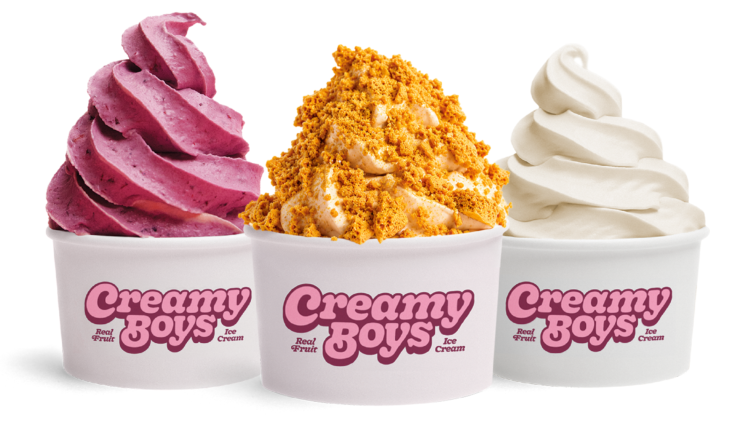 Three ice creams lined up with no background