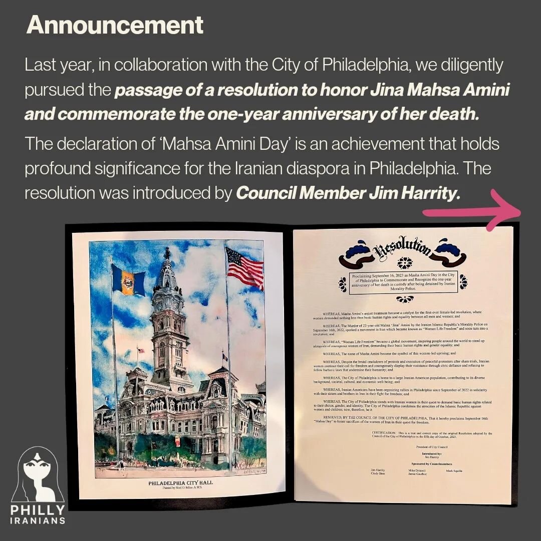 Thank you to the City of Philly for *seeing* us - 

Last year, in collaboration with the City of Philadelphia, we diligently pursued the passage of a resolution to honor Jina Mahsa Amini and commemorate the one-year anniversary of her death.

The dec