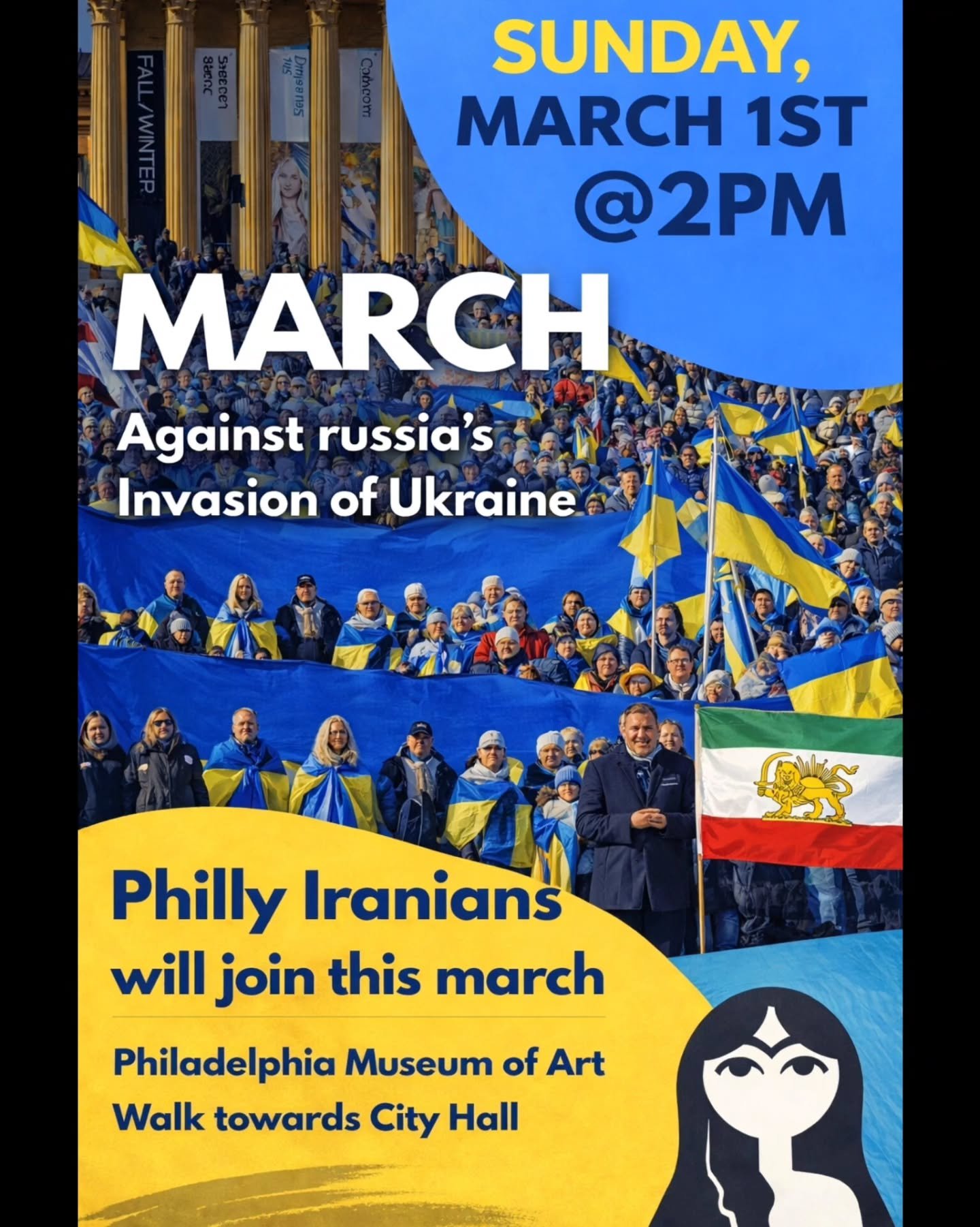 Due to the recent snow storm, the march was postponed and will now be held this Sunday, March 1st.

Philly Iranians are joining the March Against Russia&rsquo;s Invasion of Ukraine to stand shoulder-to-shoulder with the Ukrainian people against Russi