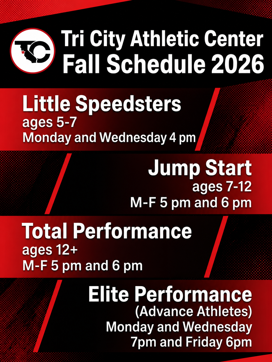 Schedule poster for Tri City Athletic Center Fall 2026. It lists various programs for different age groups: Little Speedsters for ages 5-7 on Mondays and Wednesdays at 4 pm, Jump Start for ages 7-12 from Monday to Friday at 5 pm and 6 pm, Total Performance for ages 12 and up Monday to Friday at 5 pm and 6 pm, and Elite Performance for advanced athletes on Monday and Wednesday at 7 pm and Friday at 6 pm.