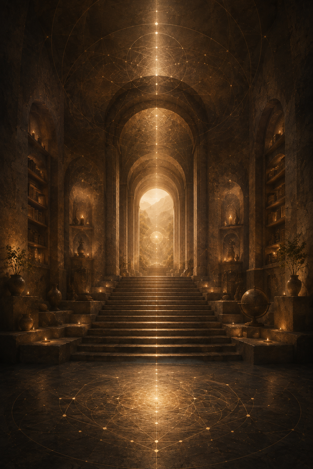 An ancient, grand hall with high arched ceilings, illuminated by candles, featuring stairs leading up to a bright, glowing light at the end, decorated with sculptures, globes, and bookshelves, with geometric patterns on the floor and ceiling.
