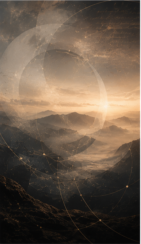 A landscape of mountains at sunset with digital overlay of geometric circles and star-like points.