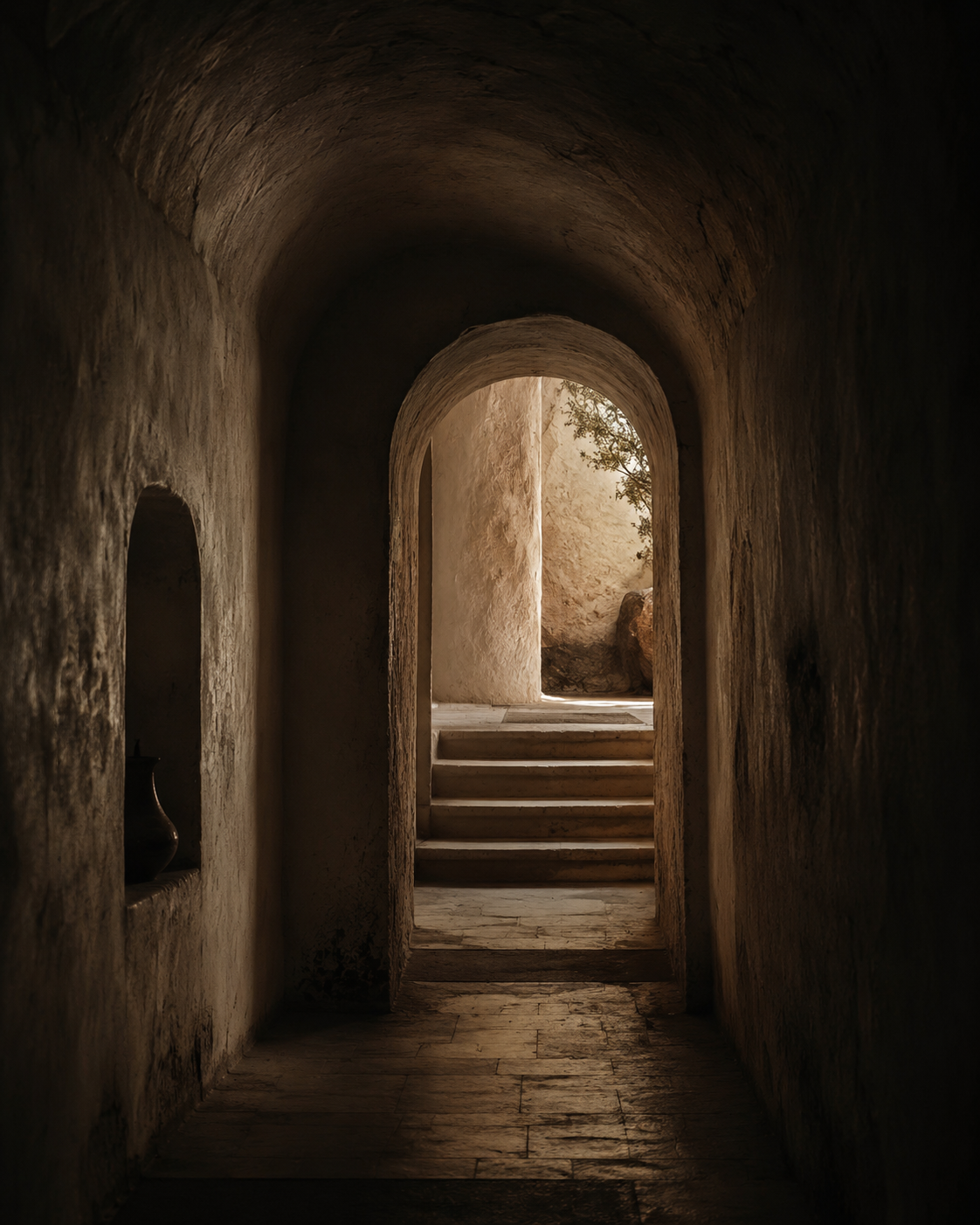 A dimly lit stone corridor with arched doorways and stairs leading to an outdoor area illuminated by sunlight, with a small tree visible outside.