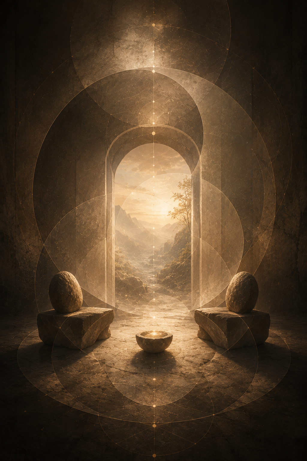 Two balanced stone forms facing one another within a luminous sanctuary, symbolizing therapeutic relationship, attunement, and repair.