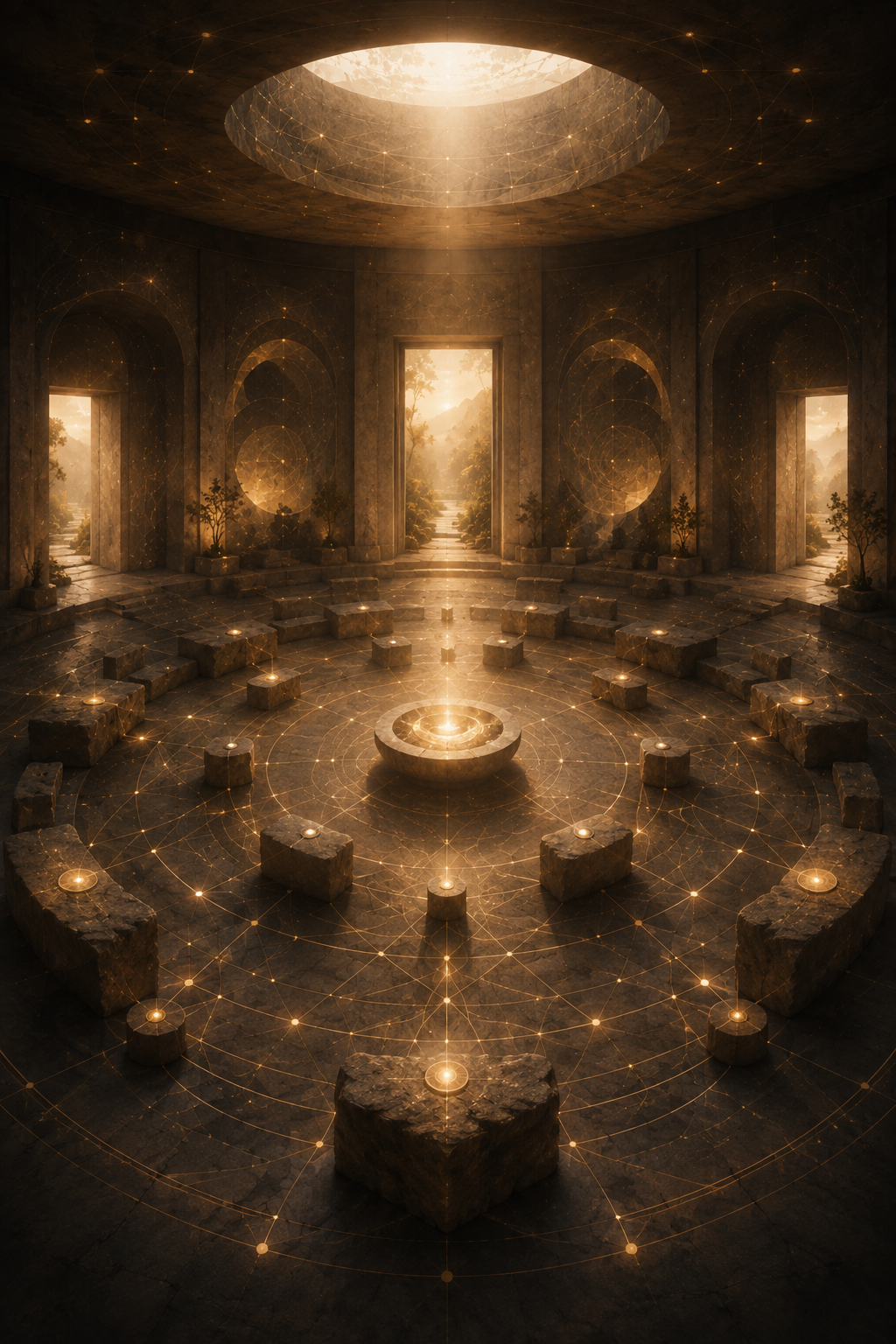 Ancient stone temple illuminated with golden light, featuring a circular pattern of stones and glowing symbols; open doorways lead to lush, sunlit landscape.