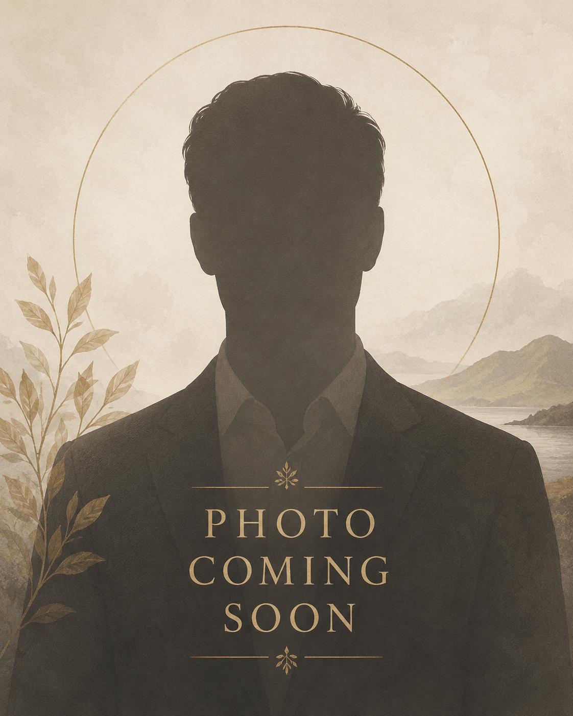 A silhouette of a man in a suit with a background of mountains and water, and the text 'Photo coming soon'.
