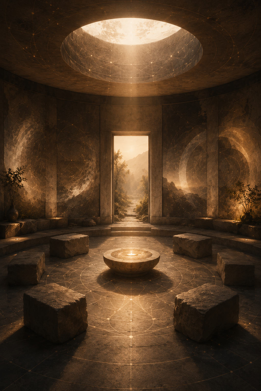A circular room with stone benches and a central stone basin, illuminated by sunlight streaming through a large circular opening in the ceiling, with a landscape visible through an open doorway showing trees and mountains, and the walls decorated with geometric patterns and celestial designs.