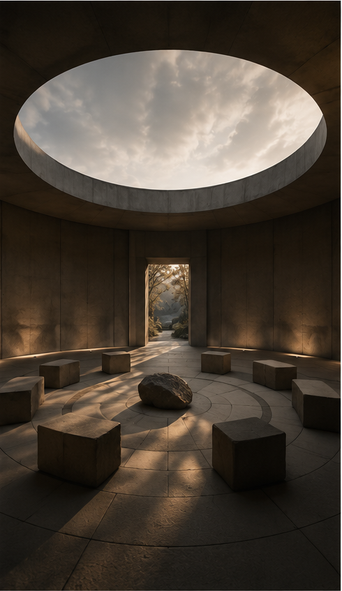 Interior of a modern circular room with concrete walls and a large central stone. A circular opening in the ceiling reveals a cloudy sky. Sunlight illuminates the space, and rectangular concrete stools surround the stone.