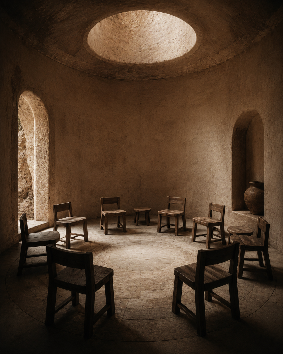 A circular room with stone walls and a round skylight overhead, featuring wooden chairs arranged in a circle and a large pottery vase in a niche on the right wall.