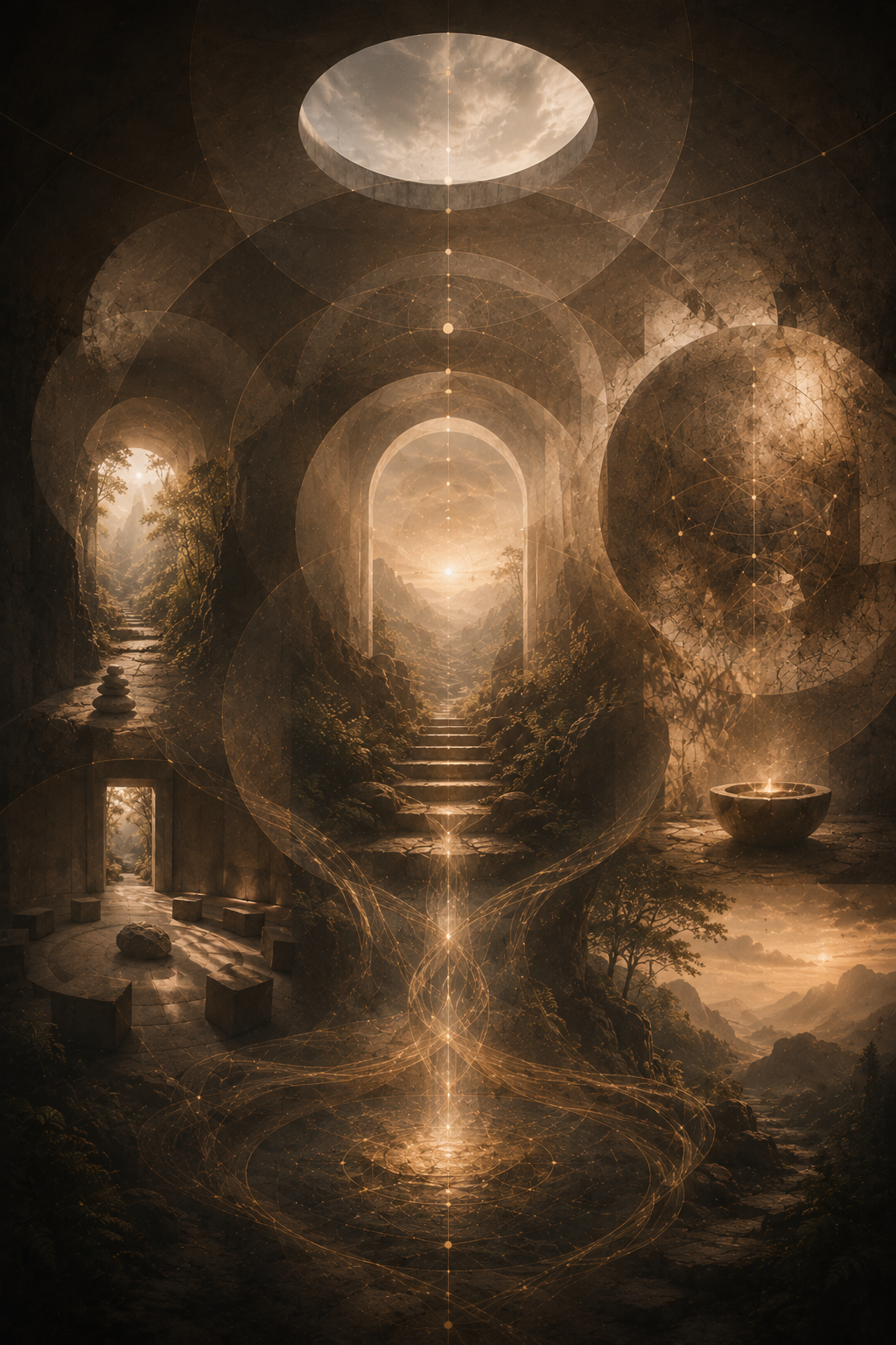Multiple pathways, thresholds, landscapes, and golden threads woven into one coherent field, symbolizing an integrative approach to healing.