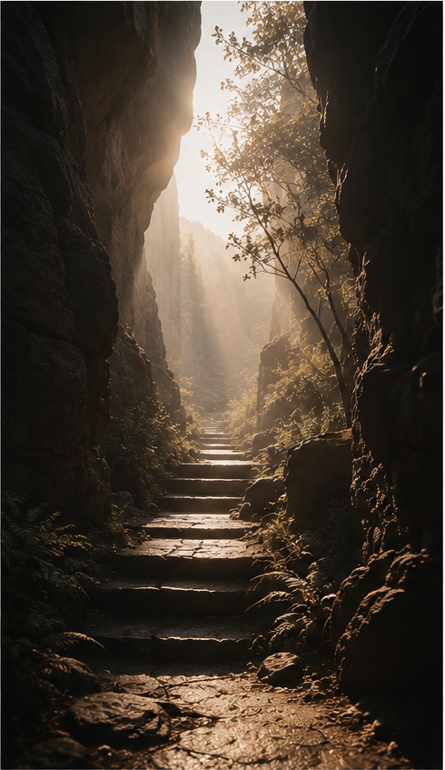 Sunlight filtering through a narrow rocky canyon onto a stone stairway surrounded by trees and foliage.