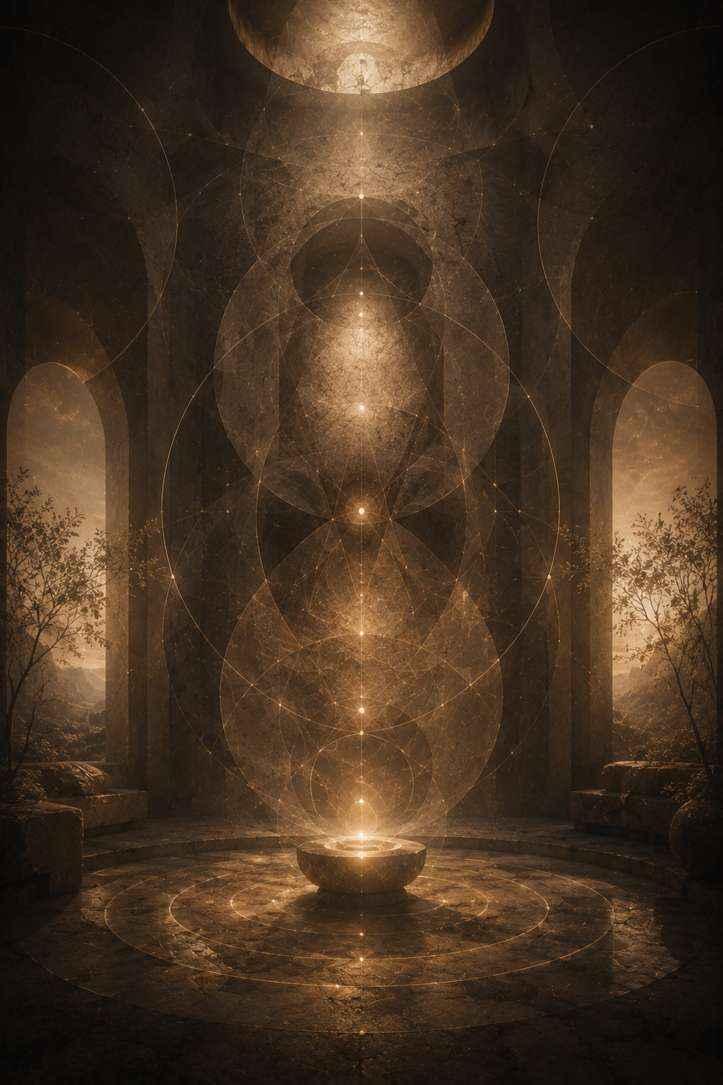 A luminous, body-like field of layered circles and light within a stone sanctuary, symbolizing embodied wisdom and nervous system attunement.