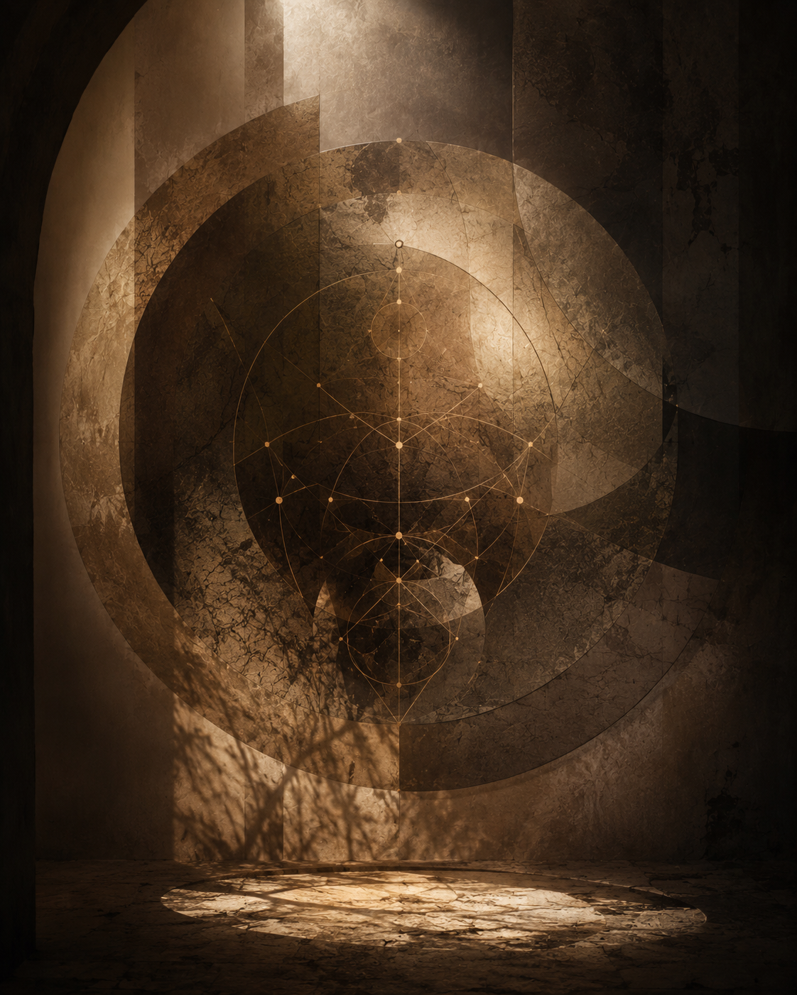 Abstract geometric art with circular patterns and interconnected lines, illuminated with warm, earthy tones and casting shadows on the floor.