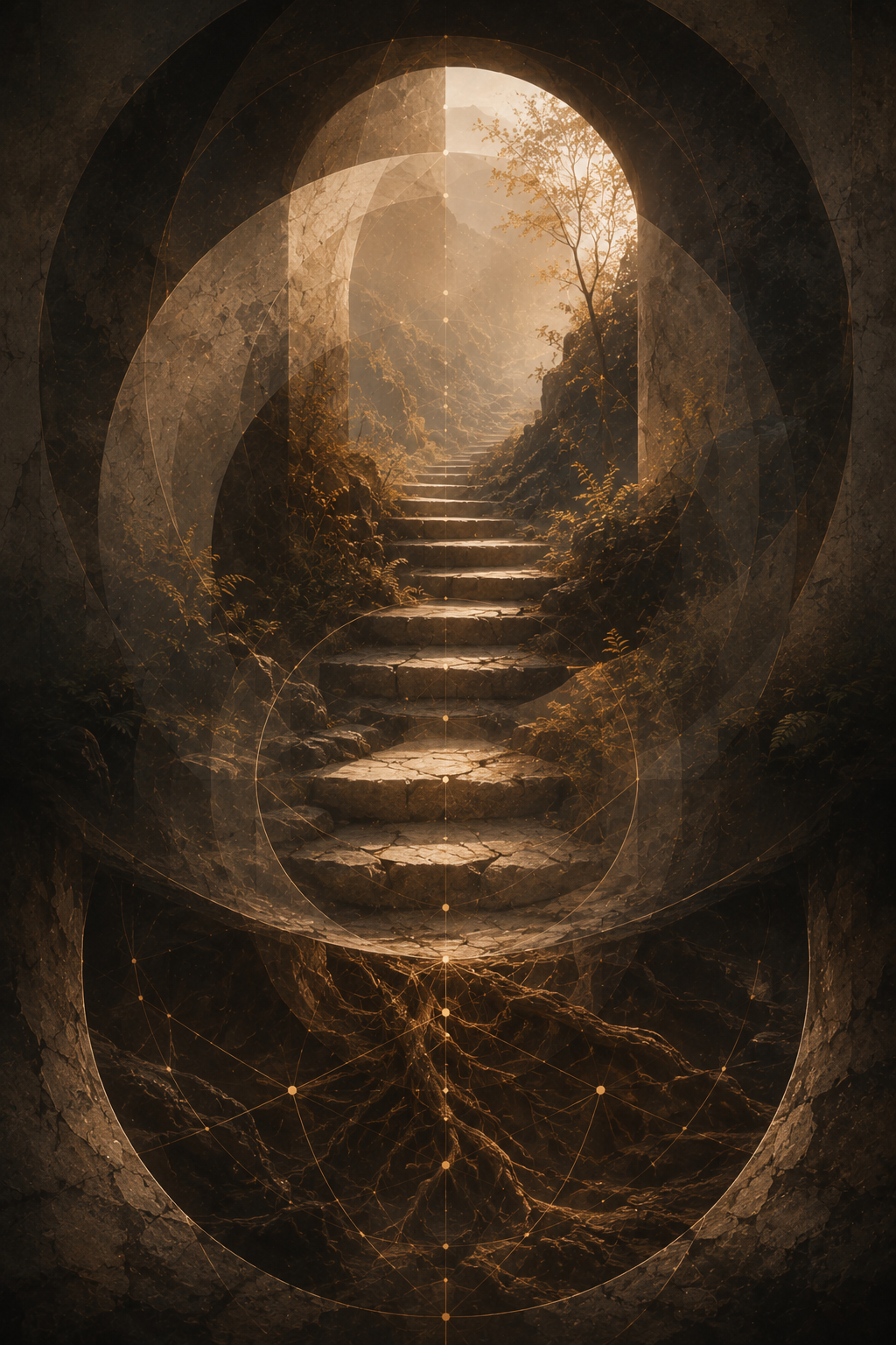 Stone steps rising toward warm light while deep roots extend below, symbolizing insight grounded in sustainable, lived change.