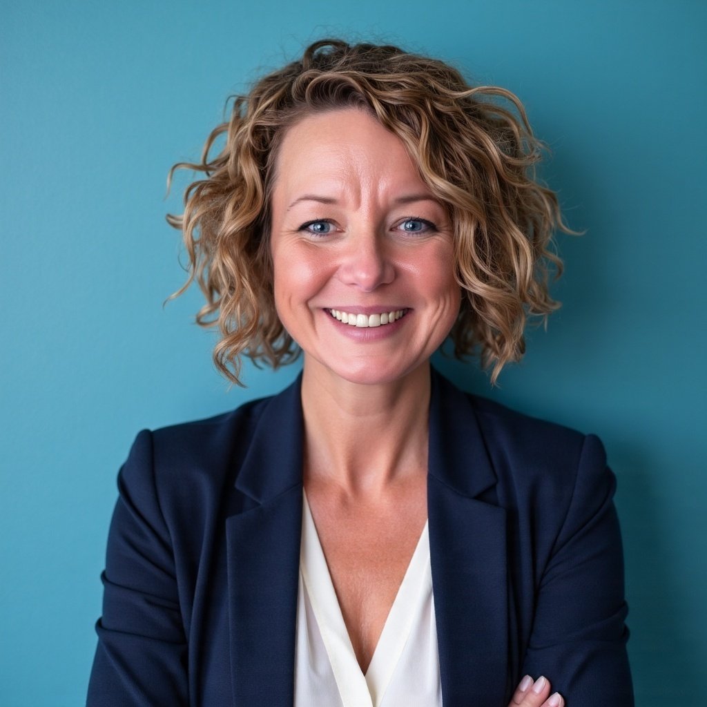 Portrait of a woman with curly blonde hair smiling against a blue background, wearing a navy blazer and white top.
