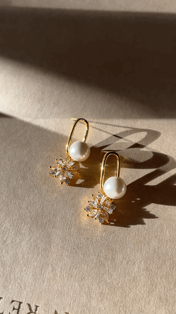 Modern bridal jewelry Gaia Earrings by Jade Oi Studio - Gold pearl crystal long drop wedding earrings