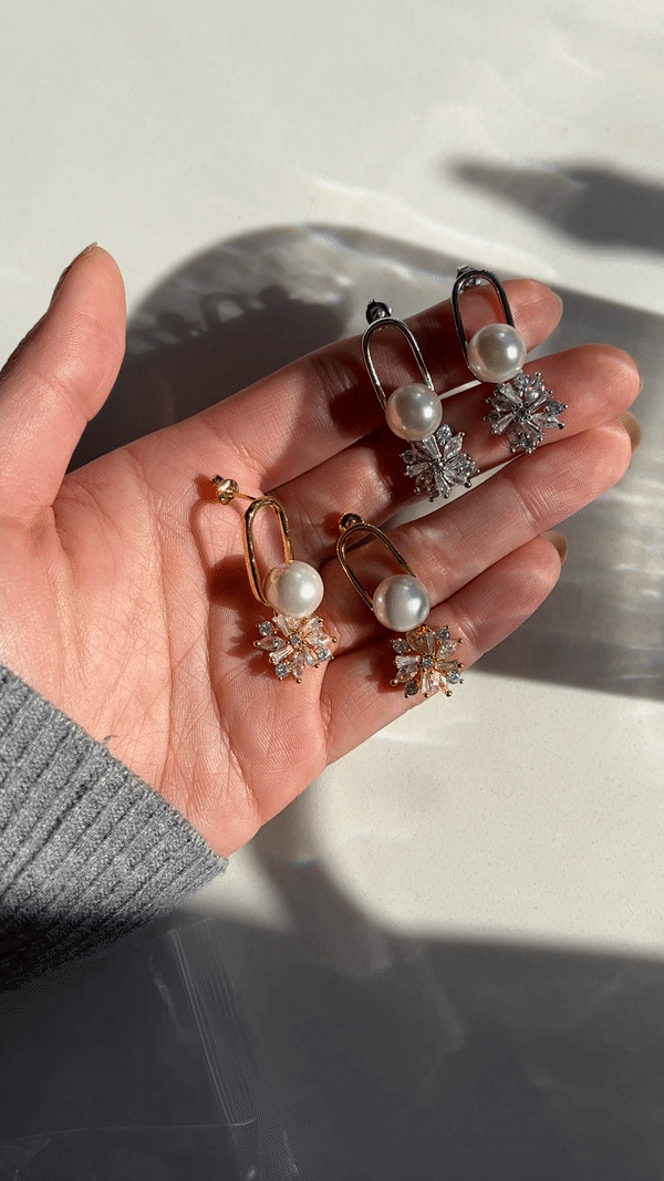 Modern bridal jewelry Gaia Earrings by Jade Oi Studio - Gold pearl crystal long drop wedding earrings
