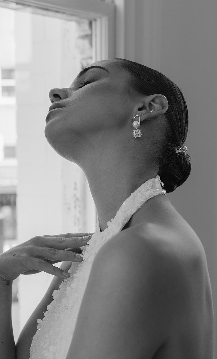 Modern White Gold Silver Pearl Earrings: Perfect for Brides. Gaia Earrings are made of flowers rhinestone and pearl for your wedding day