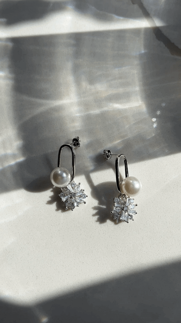 Modern White Gold Silver Pearl Earrings: Perfect for Brides. Gaia Earrings are made of flowers rhinestone and pearl for your wedding day