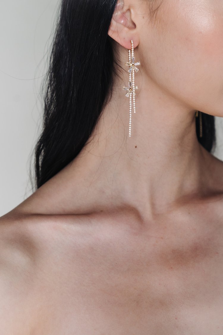 Modern bridal jewelry Bria Earrings by Jade Oi Studio - Gold pearl crystal long drop wedding earrings