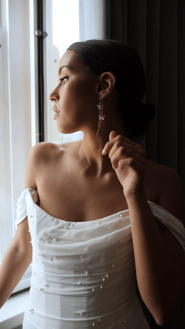 Modern bridal jewelry Bria Earrings by Jade Oi Studio - Gold pearl crystal long drop wedding earrings
