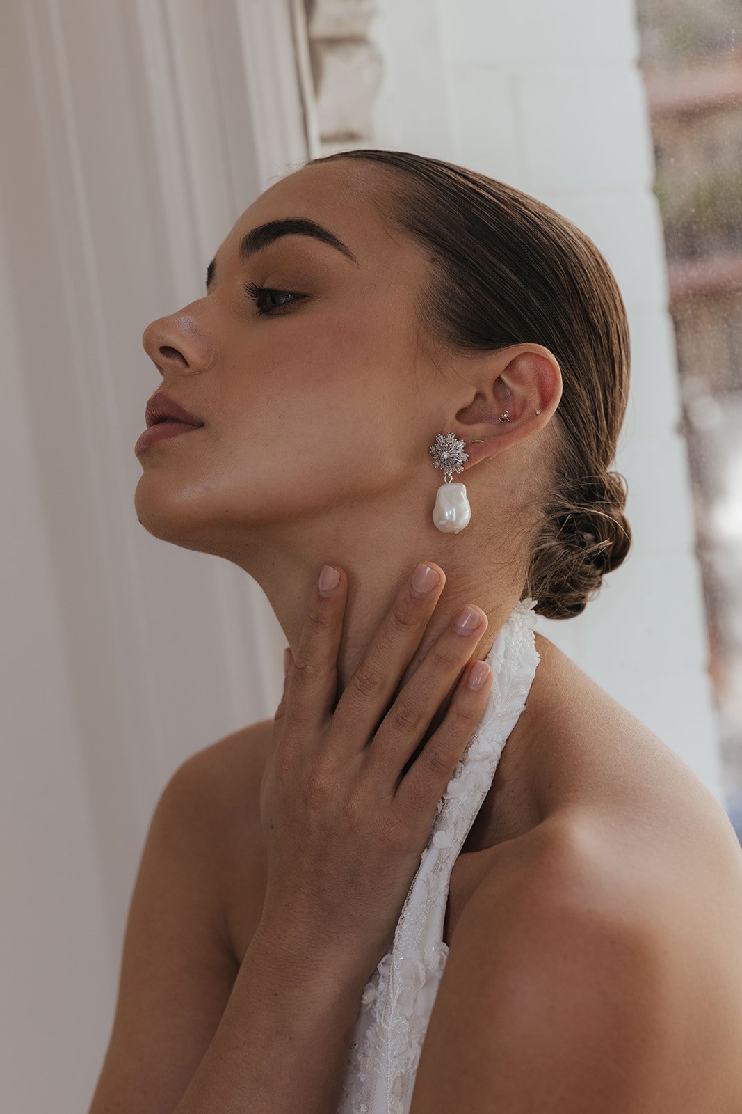 Jade Oi Studio Modern Bridal Jewelry, Gold Floral Pearl Drop Magnolia Wedding Earrings for Brides
