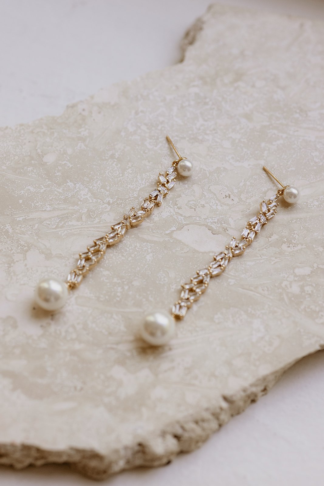 Modern bridal jewelry Emmaline Earrings by Jade Oi Studio - Gold pearl crystal long drop wedding earrings