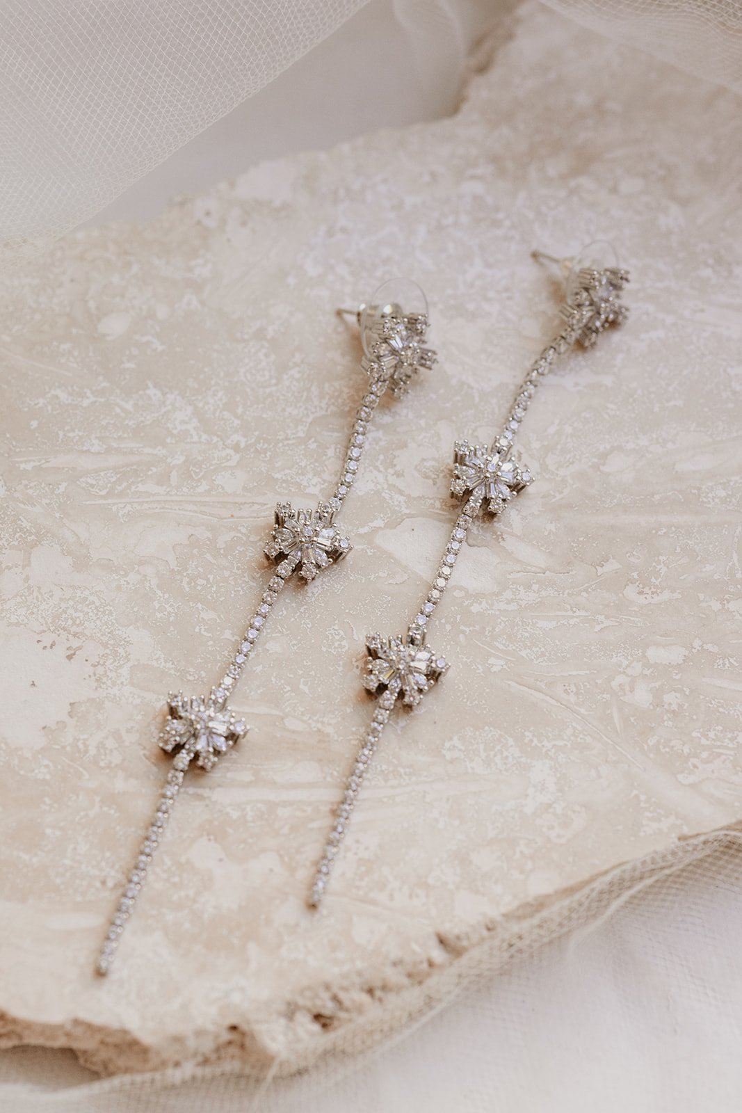 Modern bridal jewelry Pallas Earrings by Jade Oi Studio - Mini flowers rhinestone stars drop wedding earrings