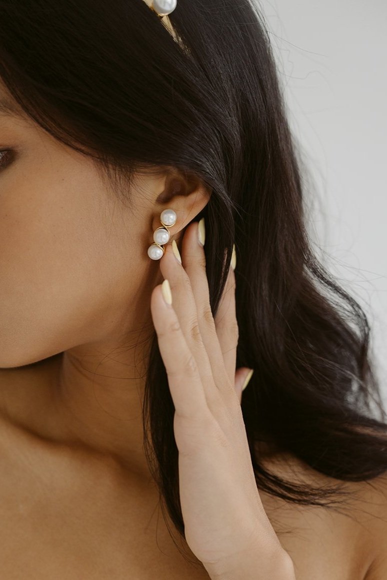 Modern bridal jewelry Luna Earrings by Jade Oi Studio - Gold pearl studs drop wedding earrings