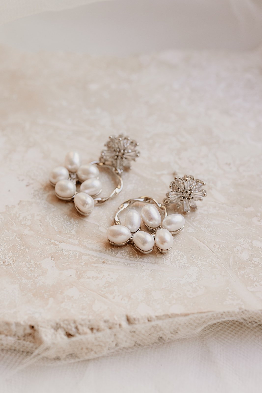 Modern bridal jewelry Roseline Earrings by Jade Oi Studio - Mini flowers rhinestone stars baroque pearls drop wedding earrings