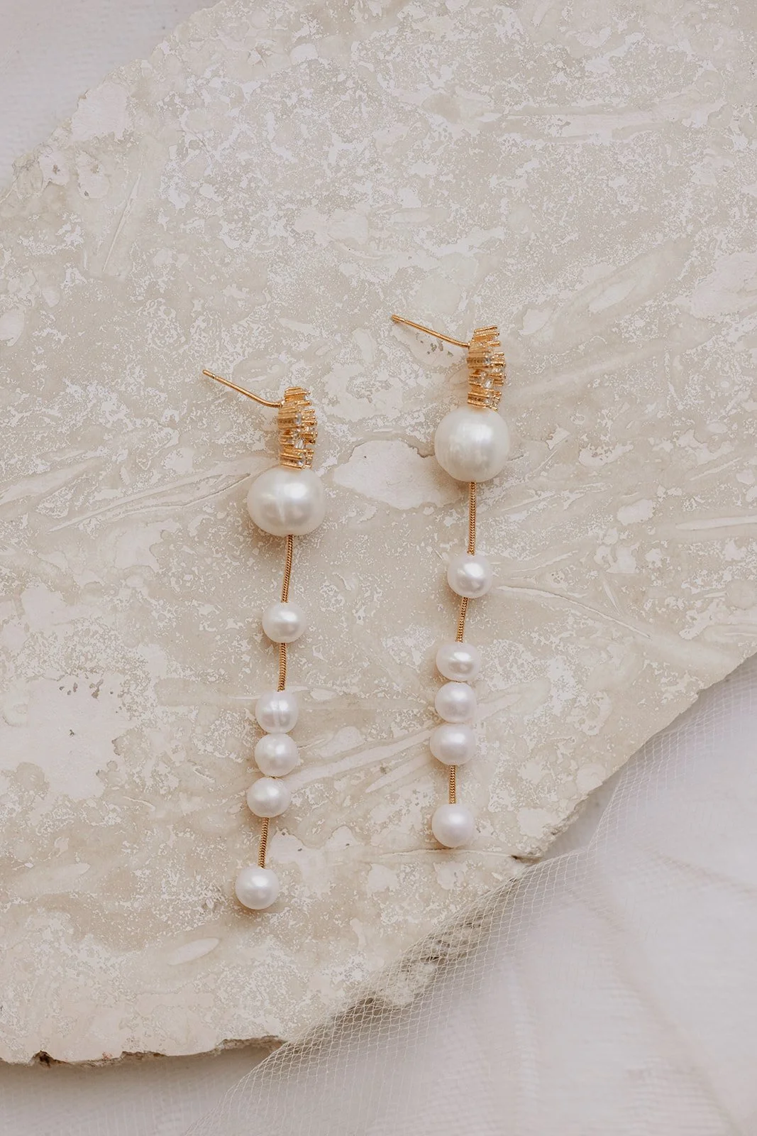 VintageInspired Gold Pearls Drop Wedding Earrings. Modern Bridal
