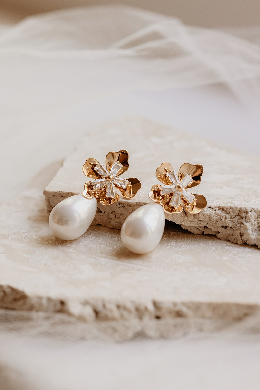 Modern bridal jewelry Ellery Earrings by Jade Oi Studio - Romantic flowers rhinestone pearls drop wedding earrings