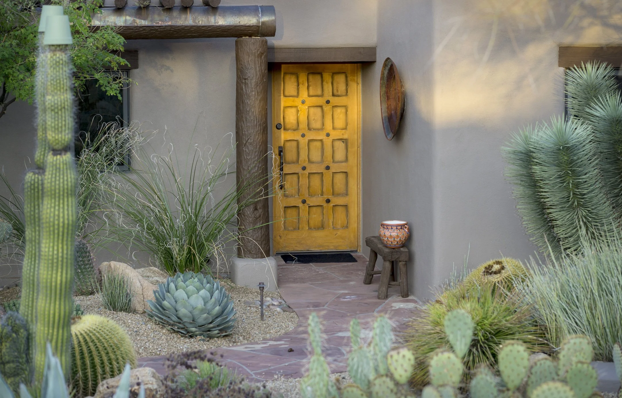 A desert-style front entrance with a yellow wooden door, surrounded by green cacti and succulents, and a small wooden stool with a decorative pot on top.