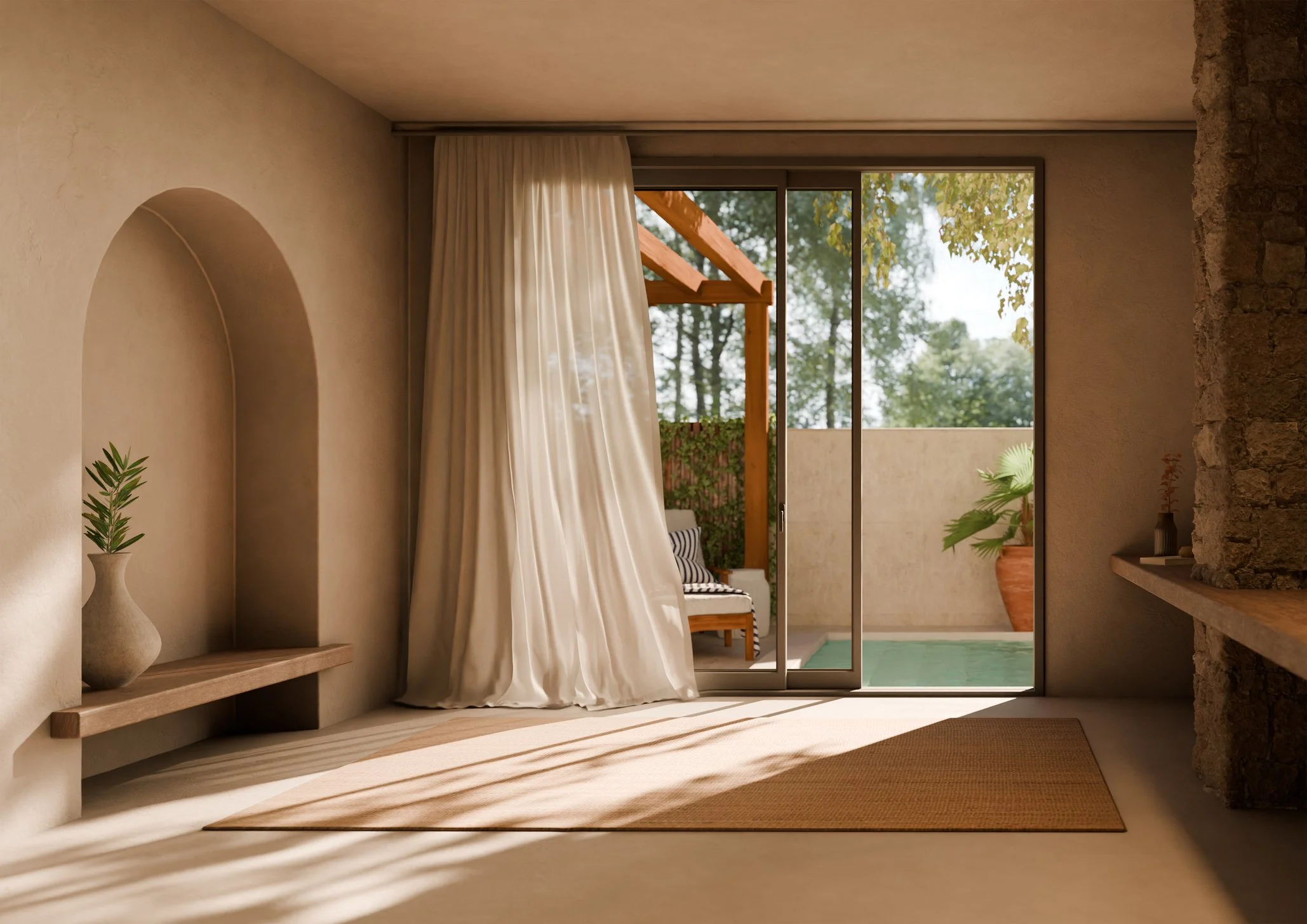 Interior view of a room with beige walls and wooden furniture, leading to an outdoor patio with trees visible through a large glass door, and decorated with potted plants.