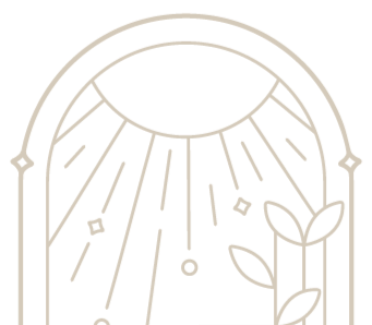 A minimalist line drawing of a rainbow with rays of sunlight and a small plant with leaves.