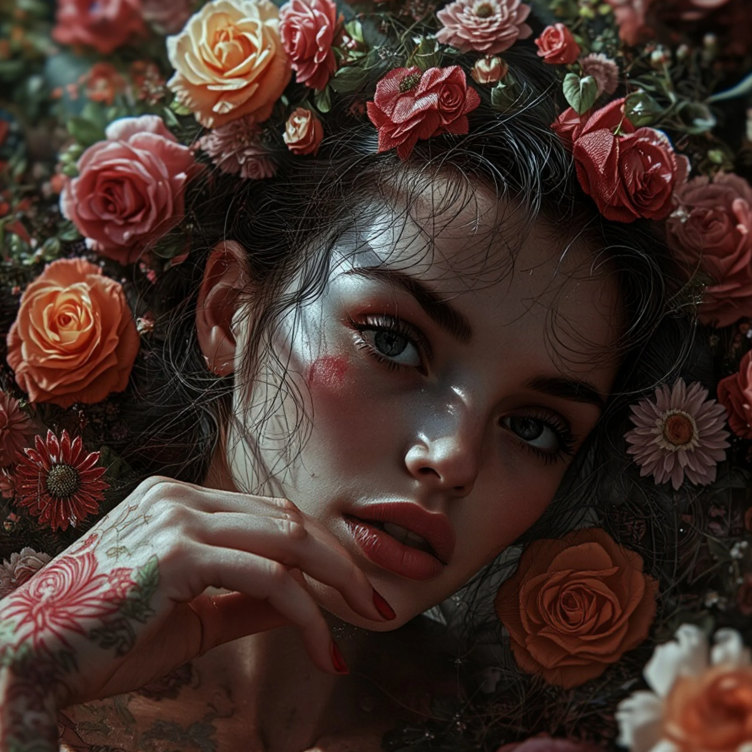 A woman with dark hair and blue eyes surrounded by orange and pink roses, with makeup including glossy lips and eye shadow, lying on a bed of flowers.