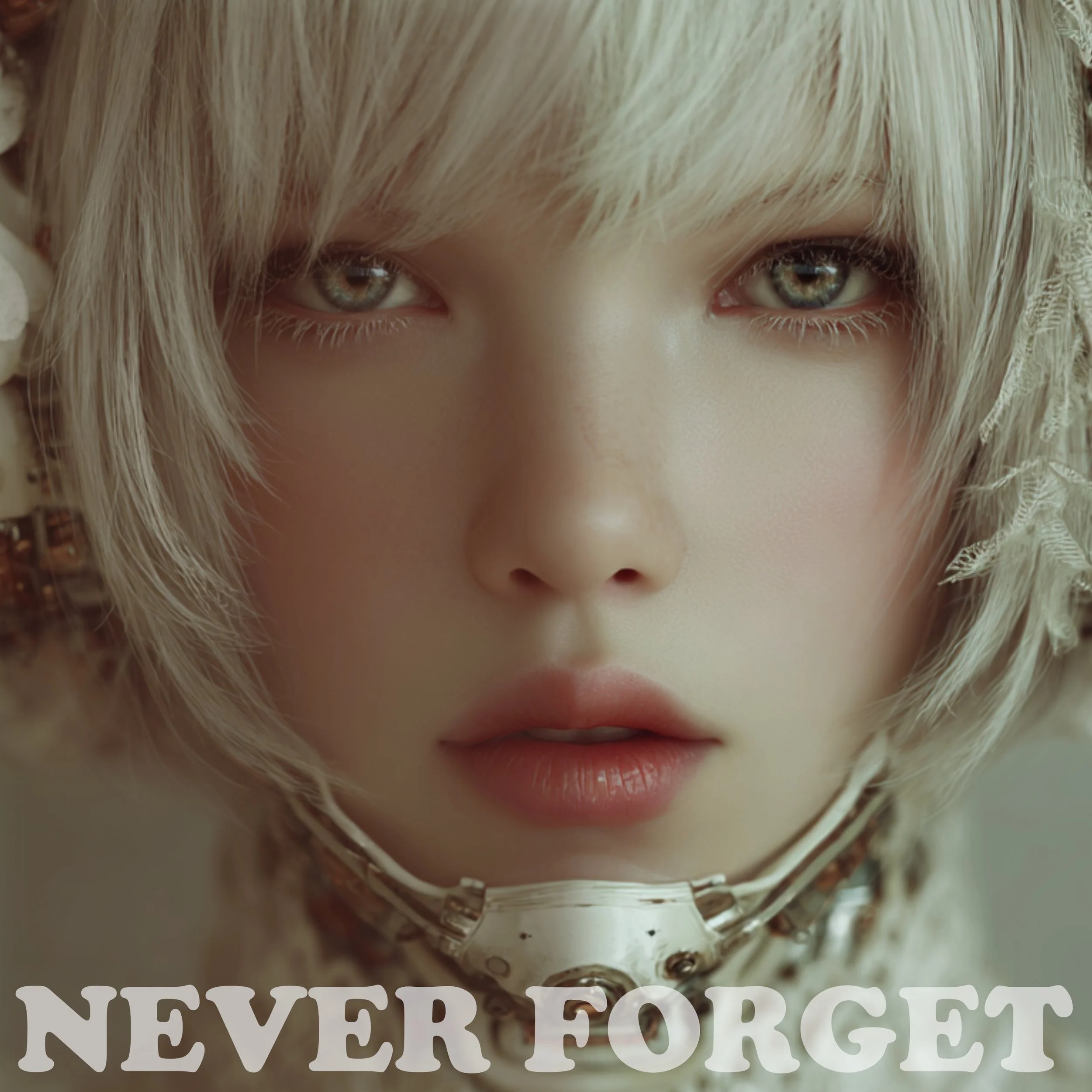 Close-up of a woman with short blonde hair and piercing blue eyes, wearing a white helmet, with the words 'Never Forget' in bold white letters at the bottom.
