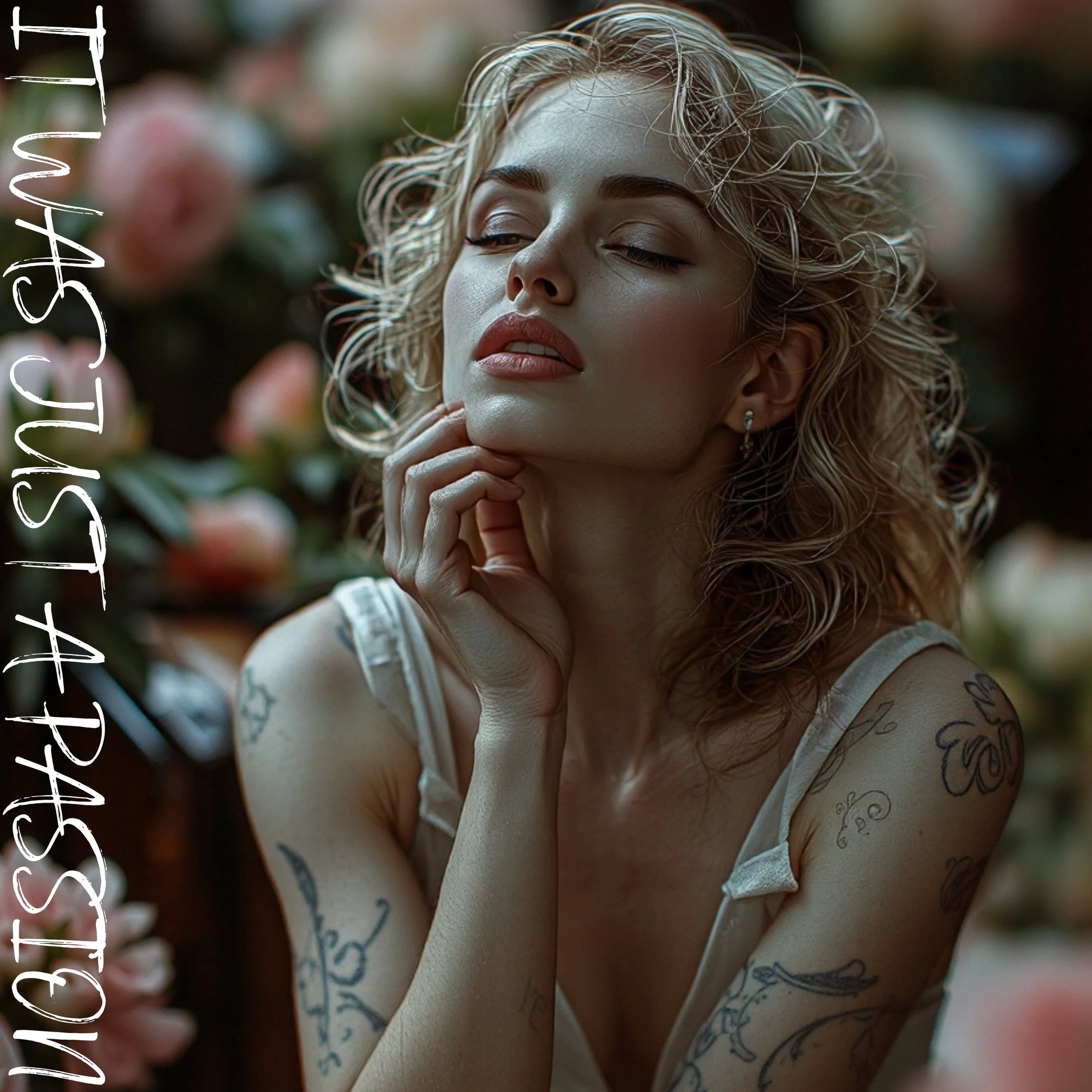 A woman with curly blonde hair and tattoos on her arms is posing with her hand near her chin in front of a background of pink and white flowers.