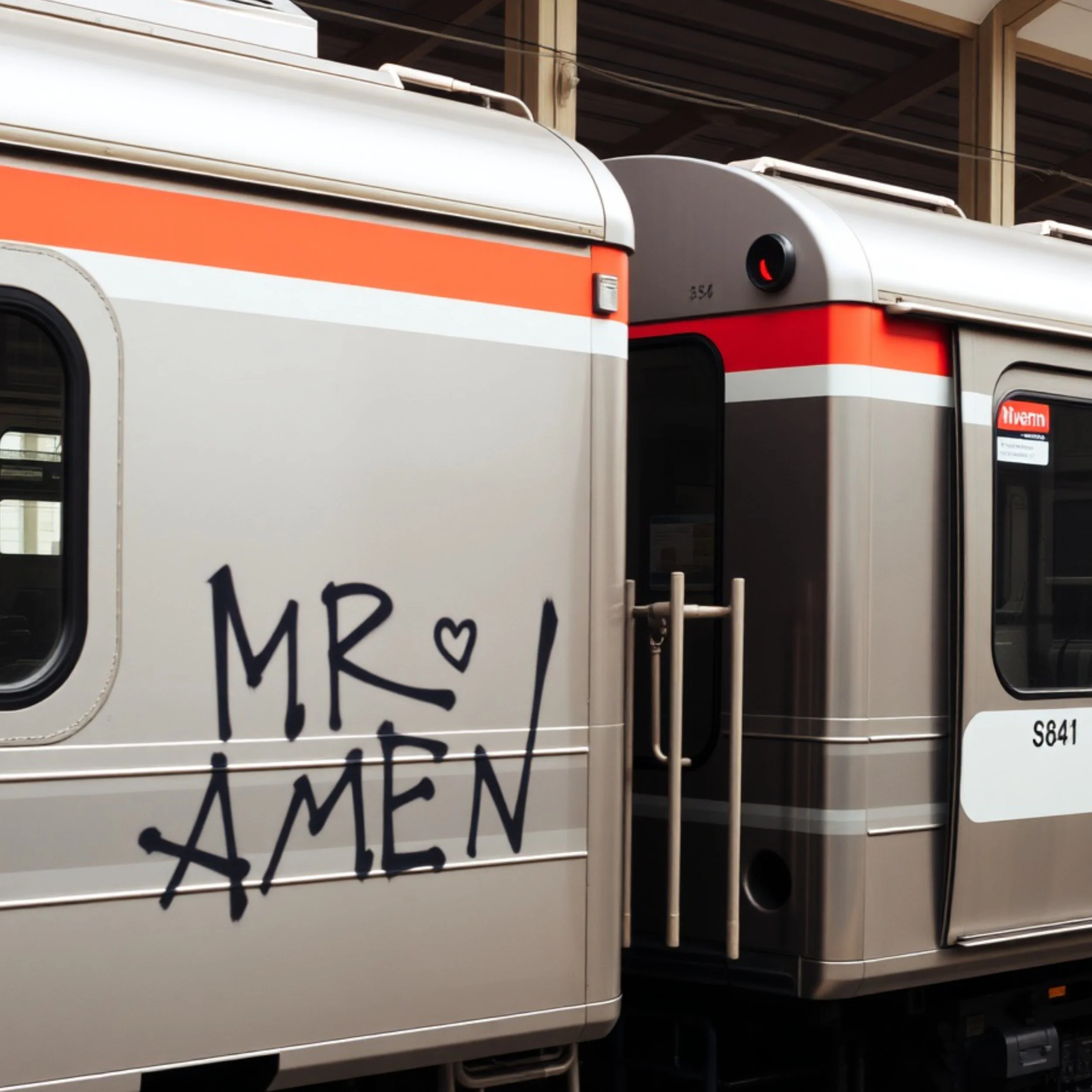 Graffiti on a silver train that reads 'MR. AMEN' with a small heart above the 'R'.