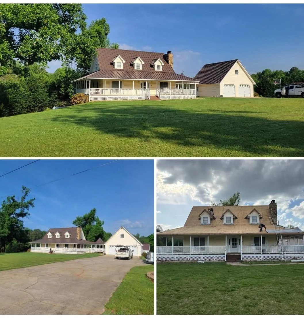 A collage of three photos showing a large house with a wraparound porch, dormer windows, and a separate garage in a grassy yard, with a clear blue sky in the background; in one photo, workers are on the roof installing or repairing shingles.