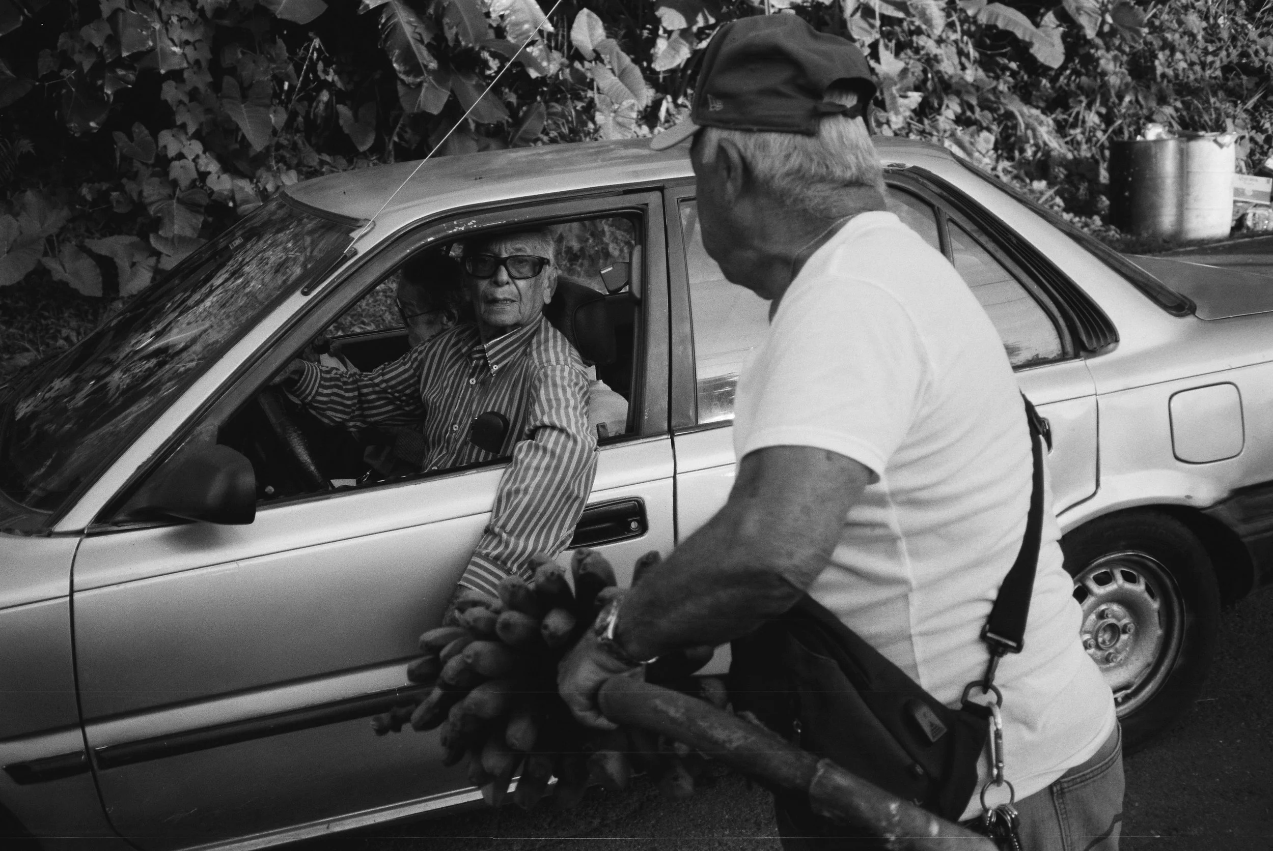Two of our neighbors at the corner bar, one slows his car to ask what we’re doing, the other greets him while holding a rack of bananas we’ve given him.