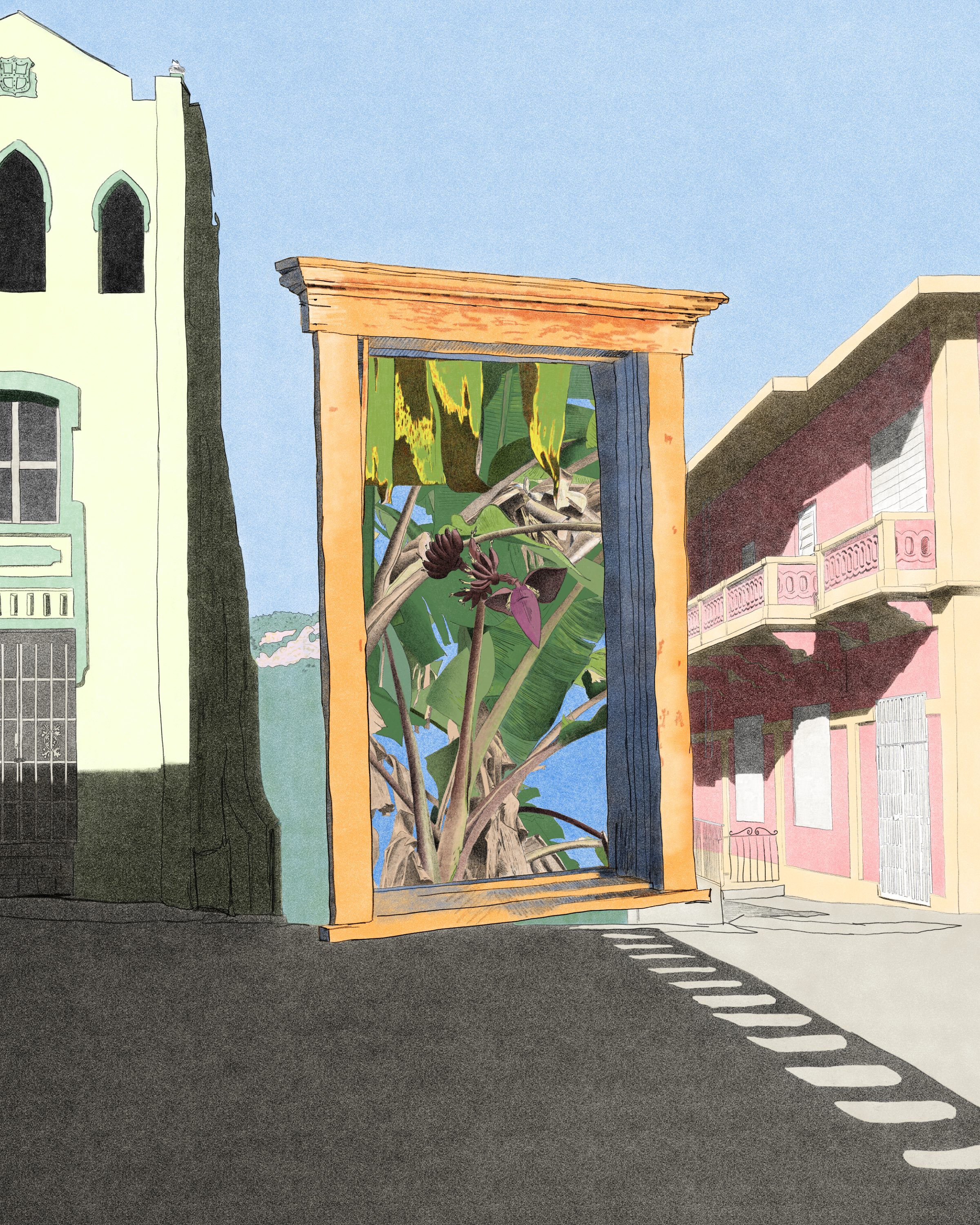 Pastel colonial architecture of the pueblo is sandwiched under the colonial architecture of where I was born. The contextual layers of my settler identity, colonization de nuevo aqui. The window frames one of our red bananas, a visual metaphor.