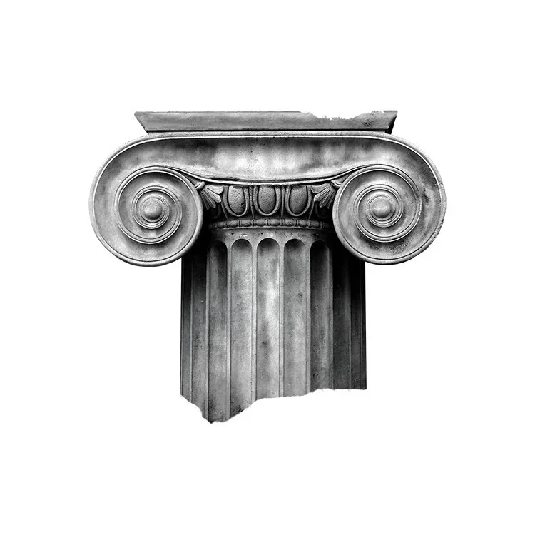 Close-up of a classical Greek Ionic column capital in black and white.