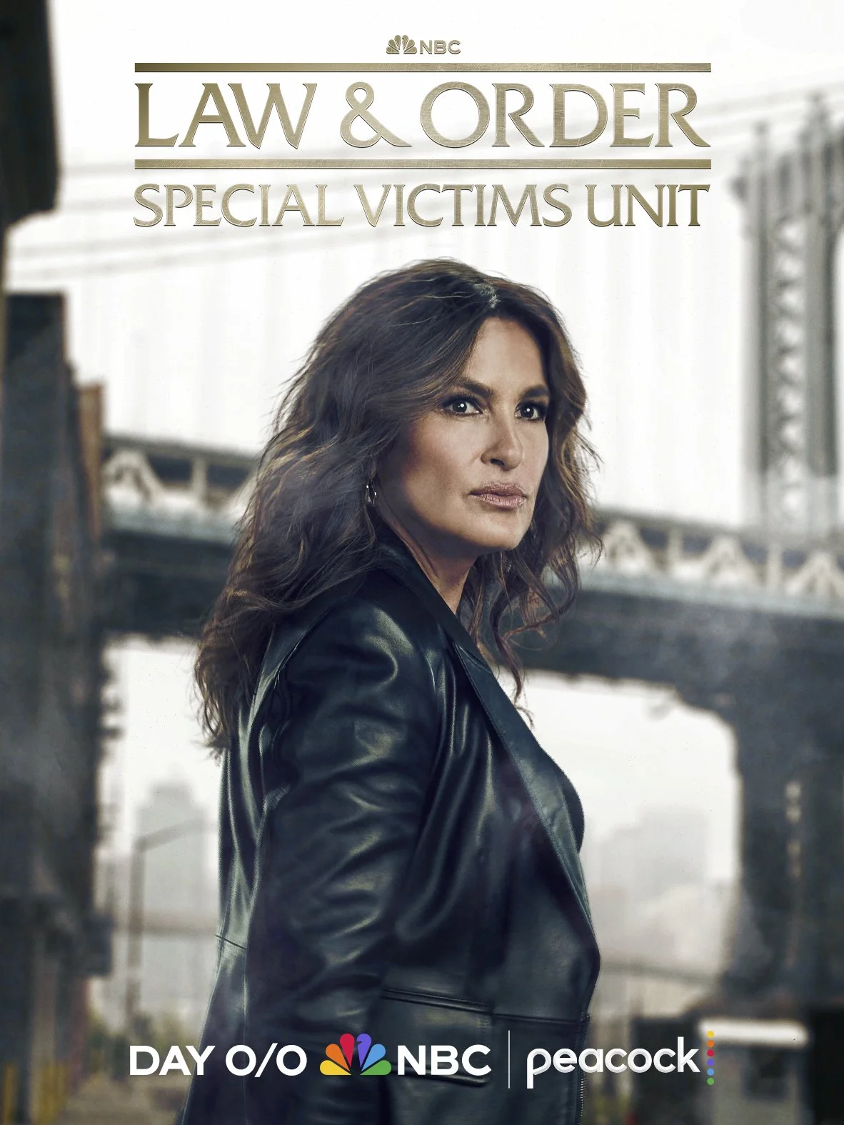 Promotional poster for the TV show 'Law & Order: Special Victims Unit' featuring a woman with long wavy brown hair and a black leather jacket standing under a bridge in New York City.