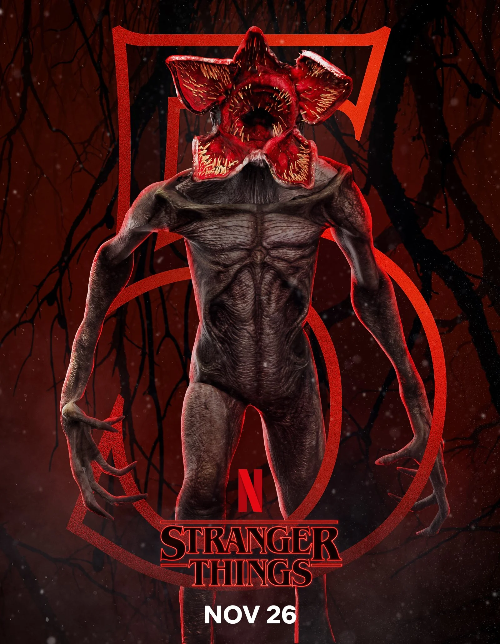 A creature with the body of a human and the head of a red, fleshy, alien-like creature with large ears and a wide-open mouth. The background is dark with black tree branches and red accents. The image promotes the Netflix series "Stranger Things," wi