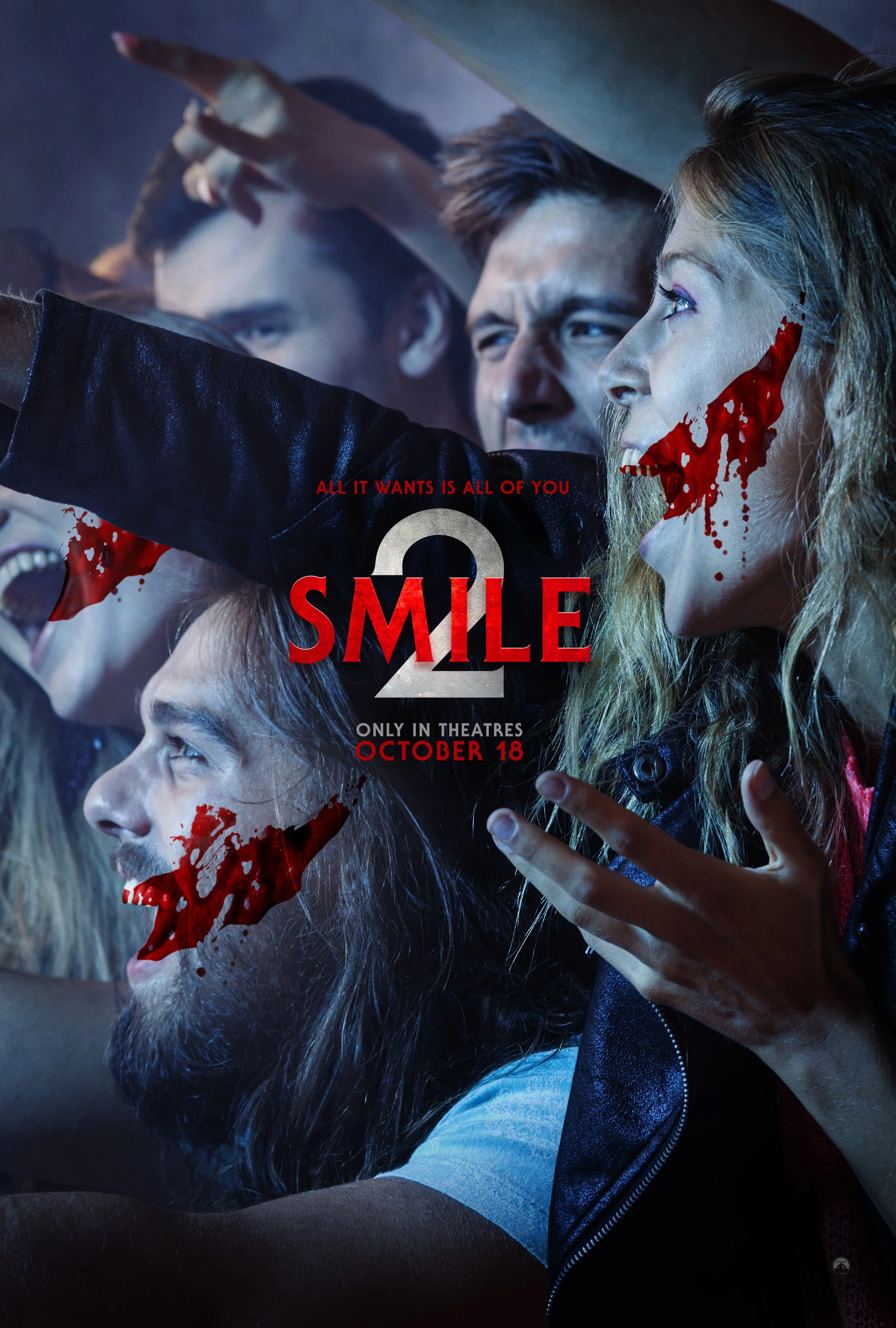 A group of young people taking a selfie at night, with blood splatters on their faces and hands, and movie-style lighting.