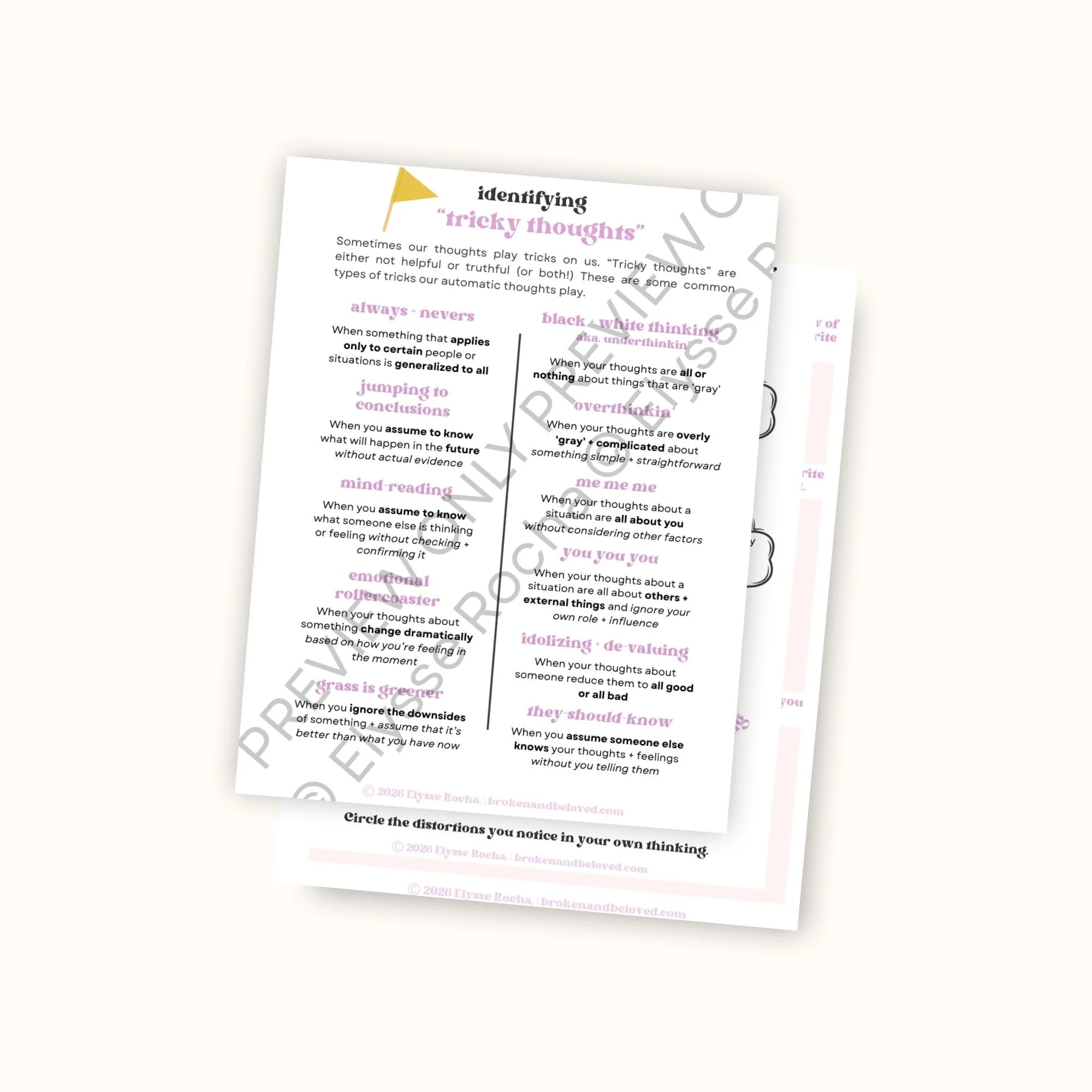Automatic Negative Thoughts + Cognitive Distortions Printable Worksheets